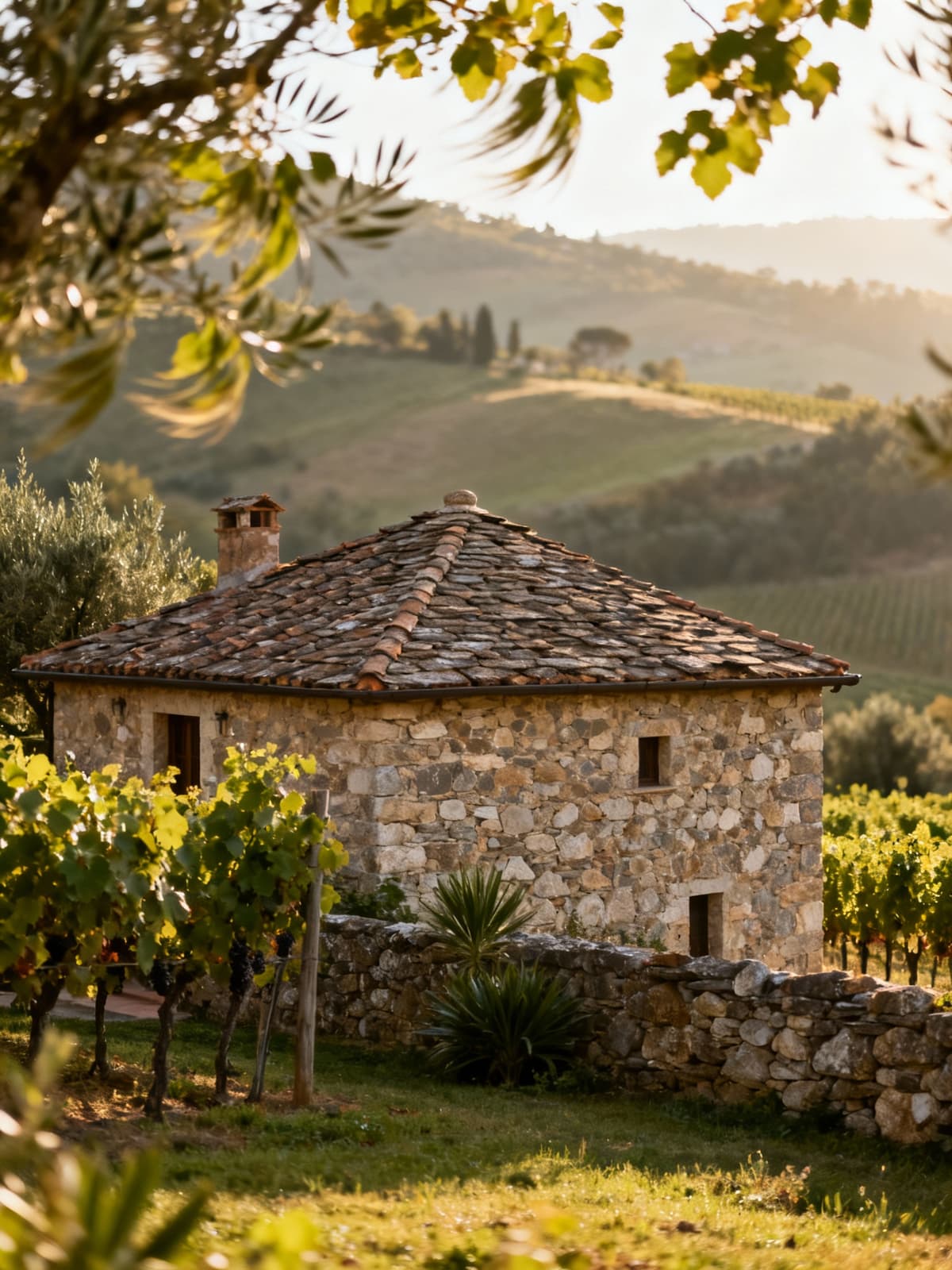 Charming farmhouse nestled among the hills of Massa-Carrara, surrounded by vineyards and olive groves, bathed in morning sunlight.