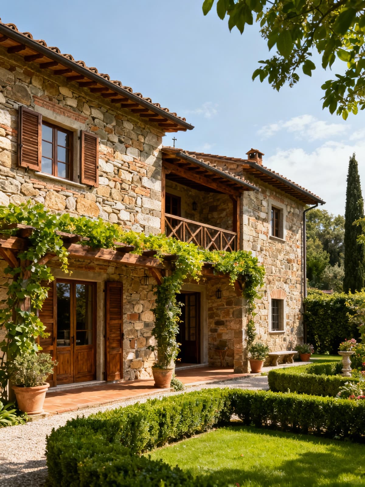 Charming rustic farmhouses in Prato's historic center, showcasing traditional stone and wood details surrounded by lush gardens.
