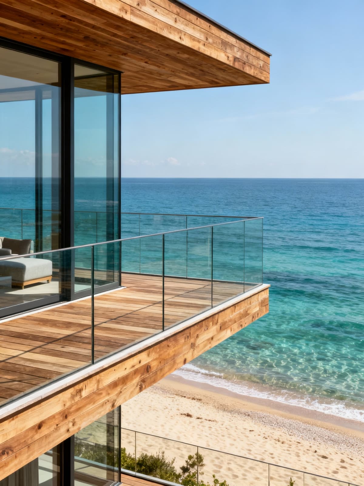 Luxury hotels along the sandy shores of Tuscany's Versilia, featuring glass and wood structures with scenic terraces.
