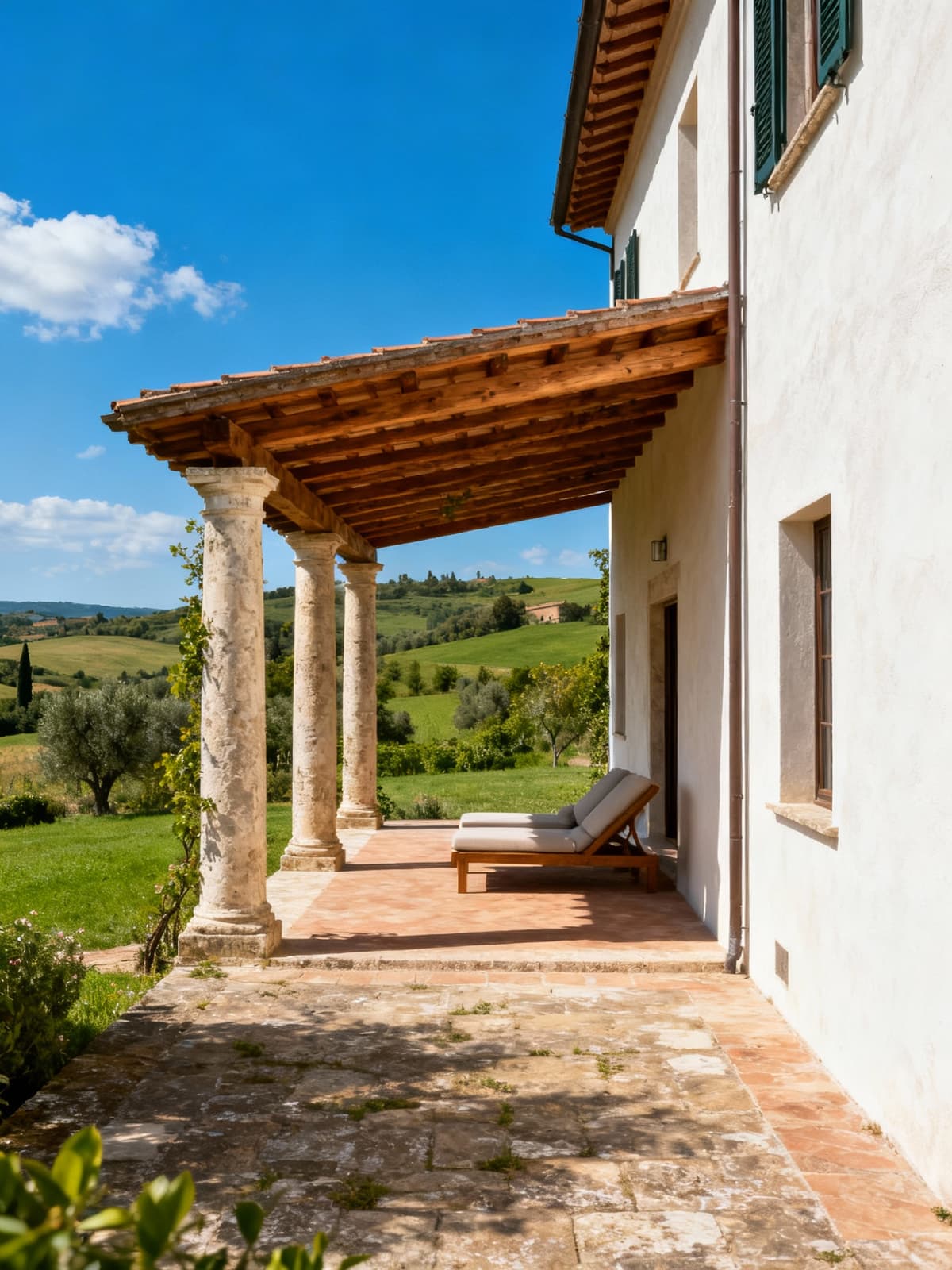 Prestigious farmhouse nestled in the picturesque Tuscan countryside, featuring light plaster walls and a wooden pergola under a clear blue sky.