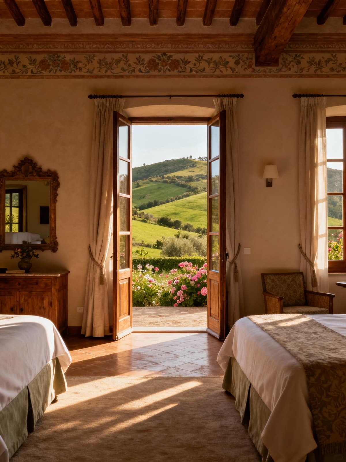 Charming hotel in the Tuscan countryside, surrounded by lush hills and elegant, natural wood interiors. Warm afternoon light.