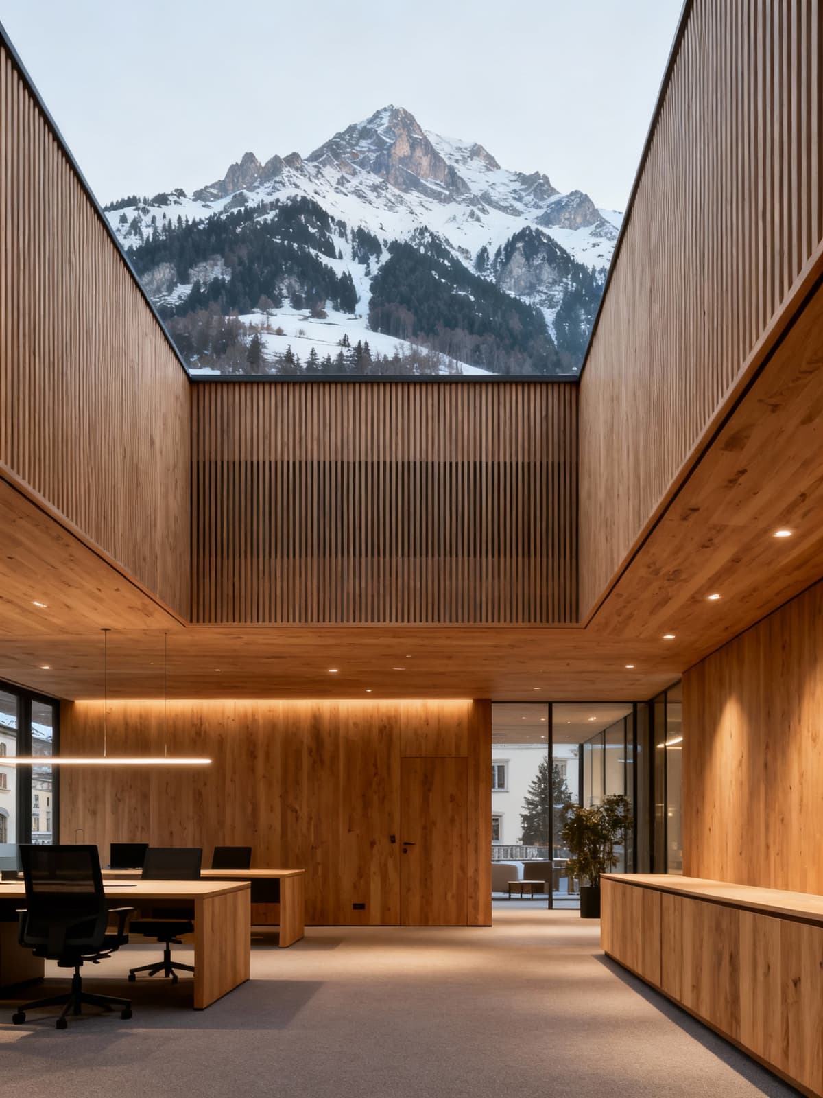 Prestigious offices in Bolzano blend modern interiors and natural wood finishes with a stunning alpine backdrop.