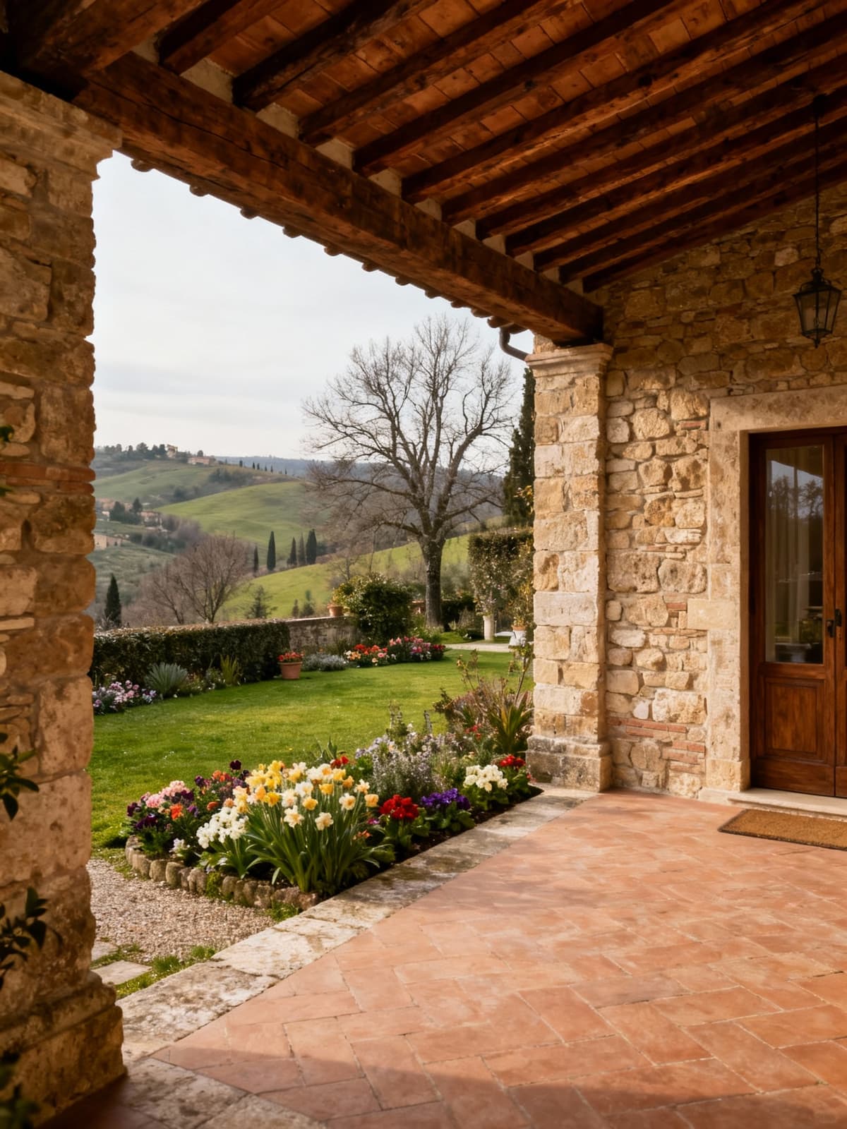 Charming countryside hotels near Perugia, showcasing local stone walls, wooden beams, and a blooming garden in serene Umbria.