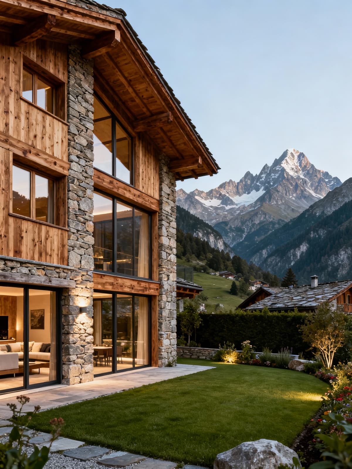 Residenza di lusso in Valle d'Aosta con facciate in legno e pietra, giardino curato e vista sulle maestose montagne.