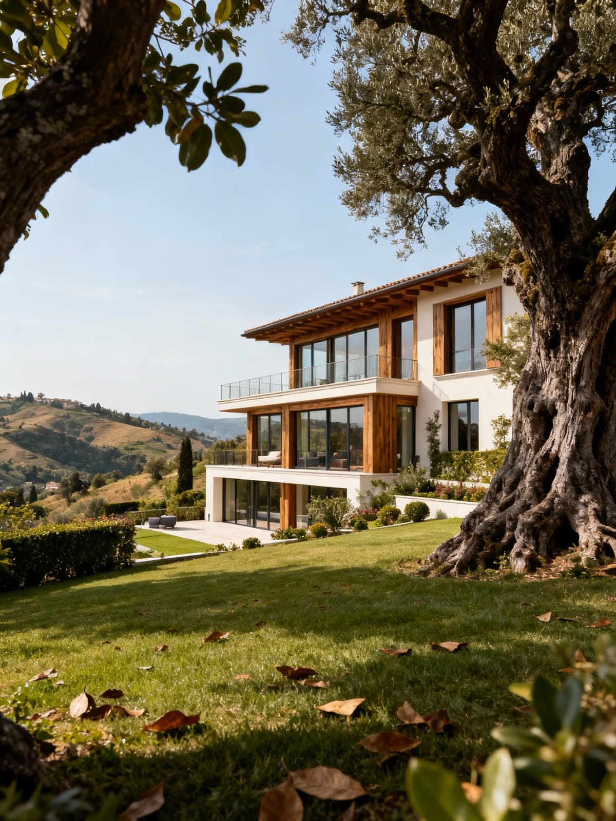 Residenza di lusso tra le colline campane, con ampie vetrate, giardino curato e vista panoramica sul paesaggio naturale.
