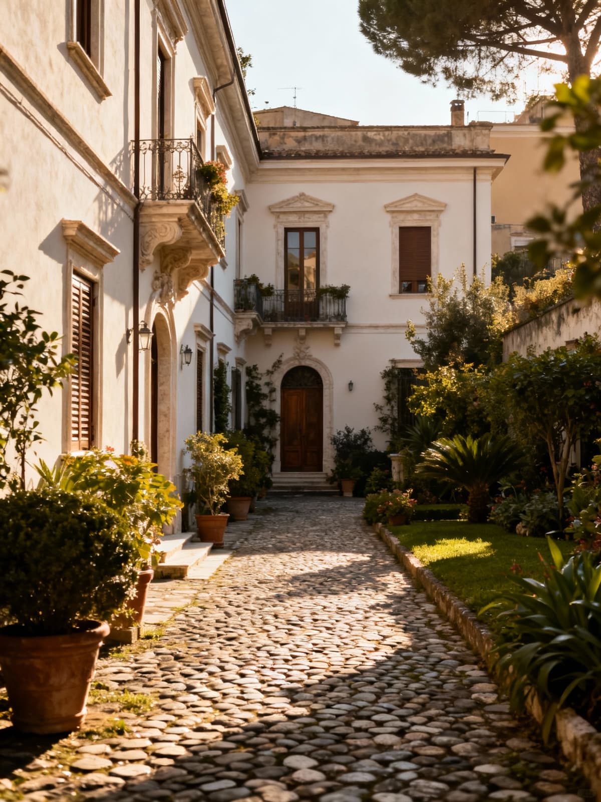 Residenze storiche nel centro di Latina, con architettura in stucco e giardini privati su strade acciottolate.
