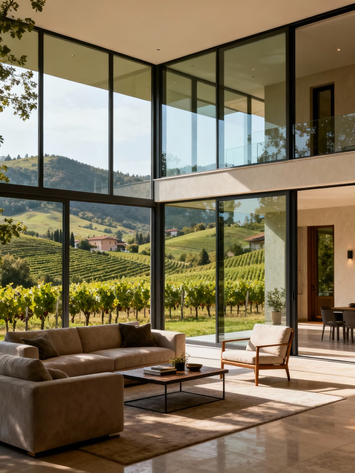 Luxury independent homes amidst the serene hills and vineyards of Friuli-Venezia Giulia, featuring expansive glass windows.