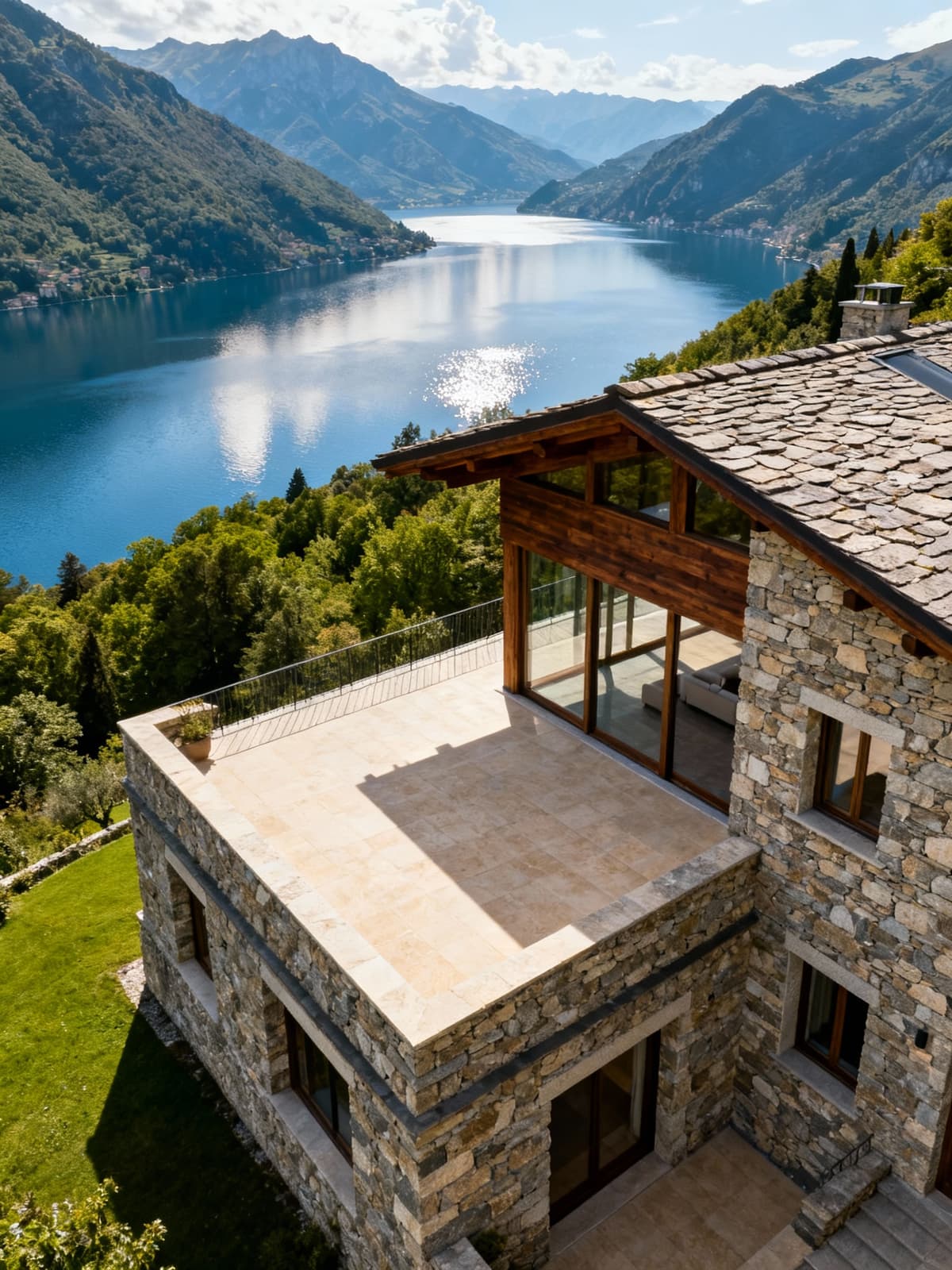 Residenze di lusso tra le montagne del Lago di Como, con eleganti ville in pietra e legno, ampie terrazze e vista sul lago.