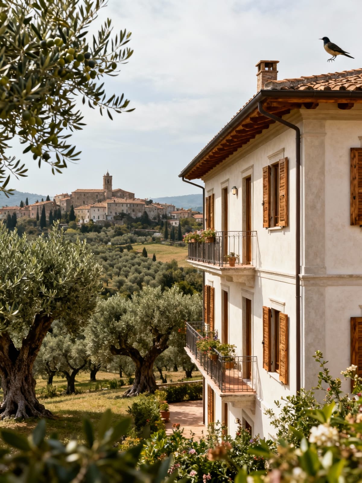 Charming countryside apartments in Liguria overlooking ancient olive groves and historic villages, featuring warm plaster facades and wooden details.