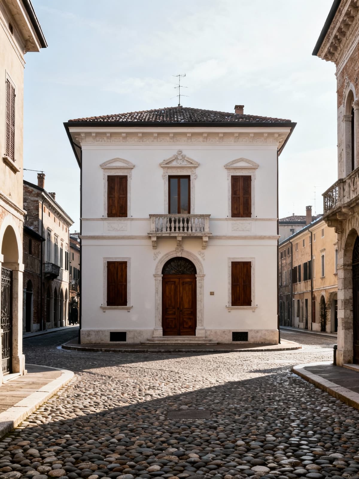 Case indipendenti di lusso nel centro storico di Padova, circondate da strade acciottolate e antichi edifici in un'atmosfera invernale.