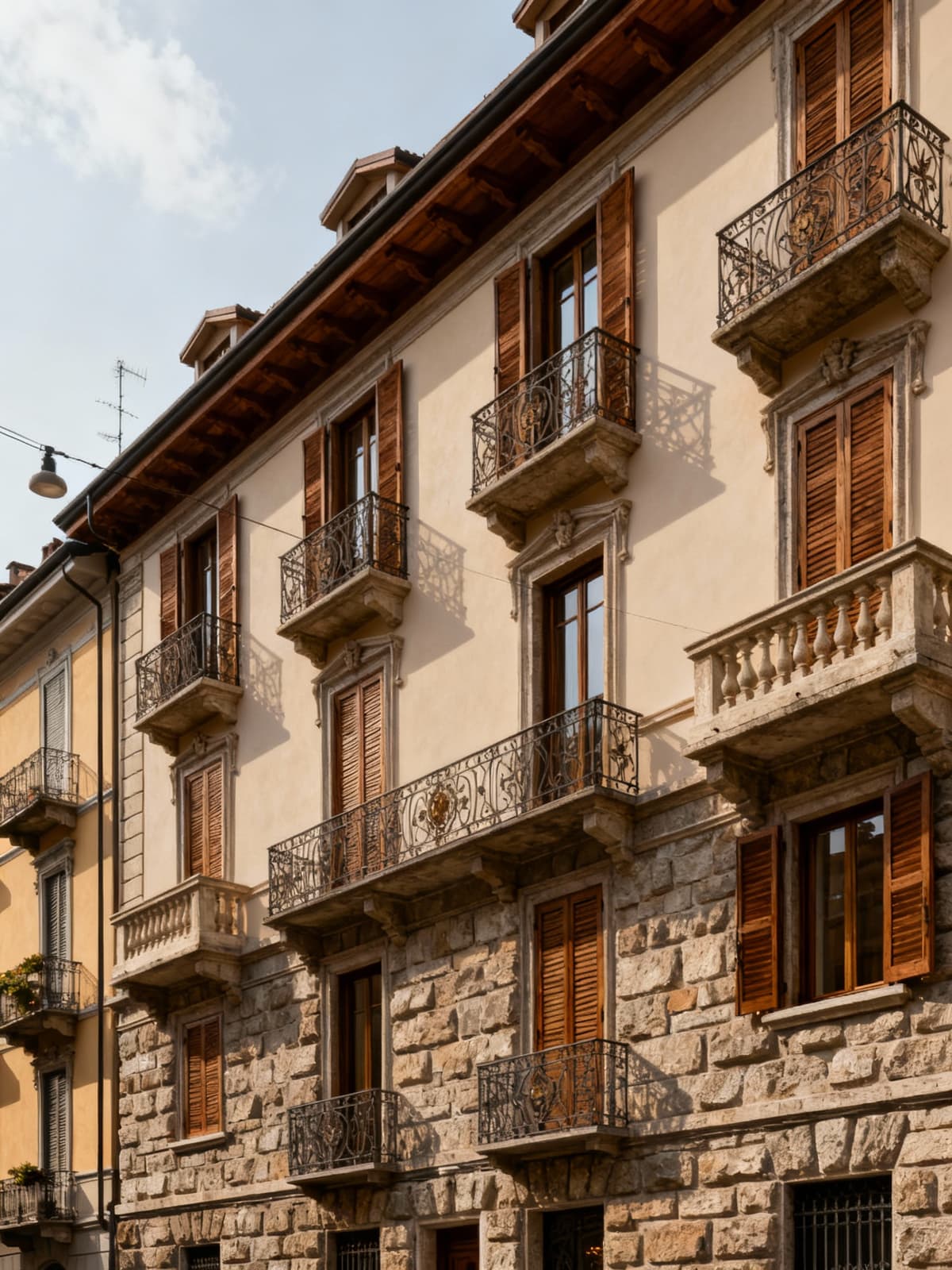 Luxury apartments in the historic heart of Piedmont cities, showcasing elegant stone and wood facades and serene urban atmosphere.