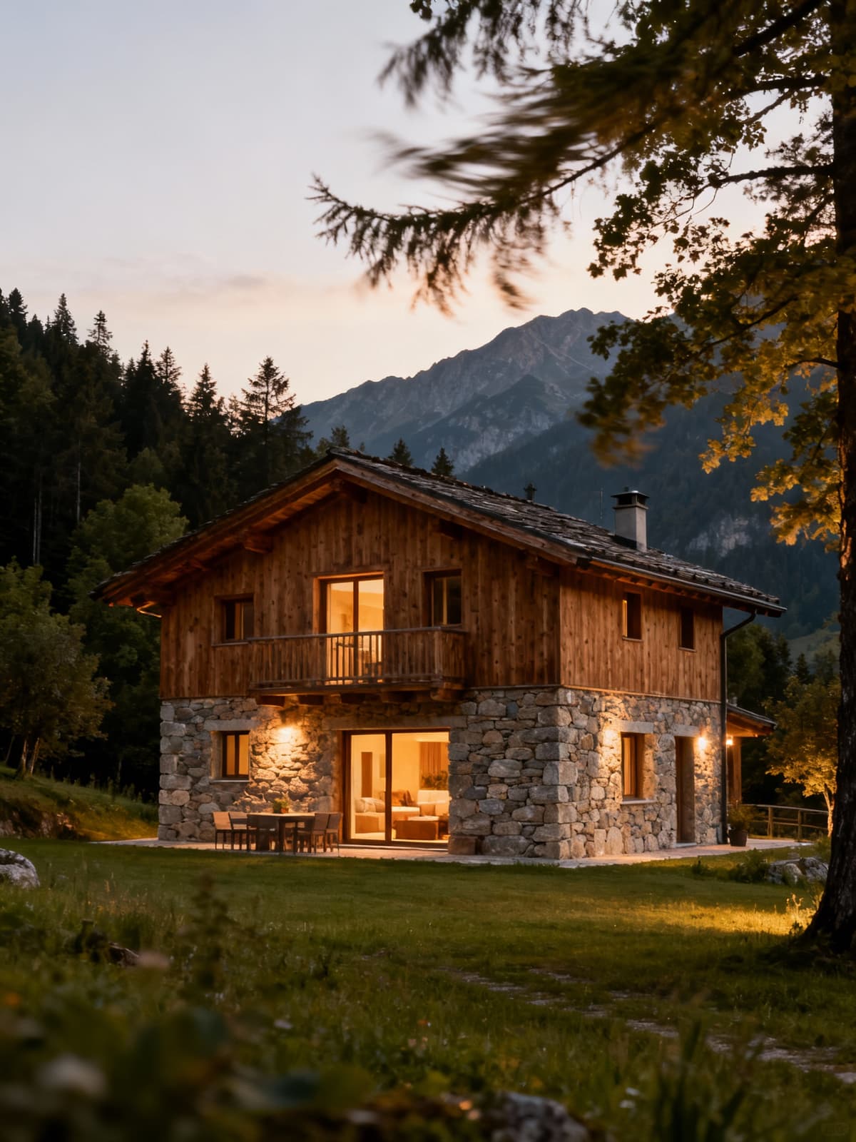 Luxurious countryside villa surrounded by pristine nature in Trentino-Alto Adige, featuring wood and stone elements on a summer evening.