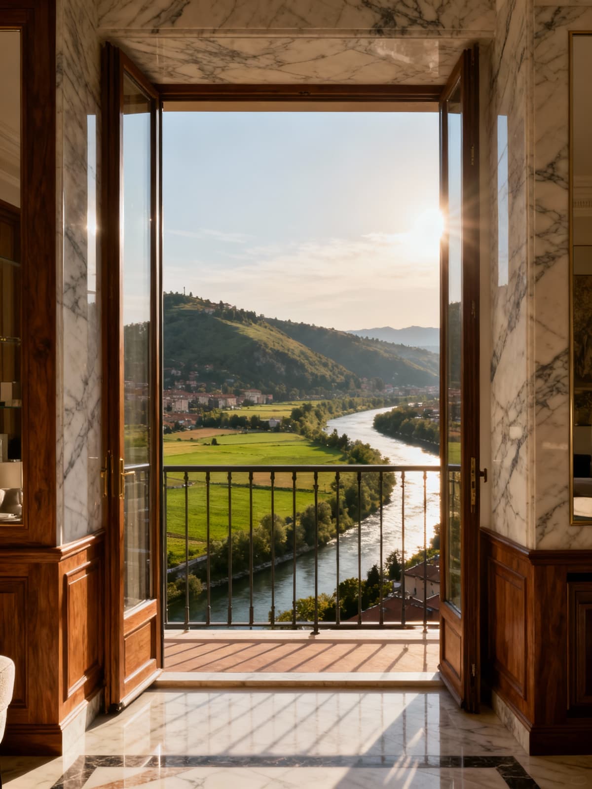 Luxury apartments in historic Turin and scenic Piemonte countryside, featuring wooden finishes and marble details.