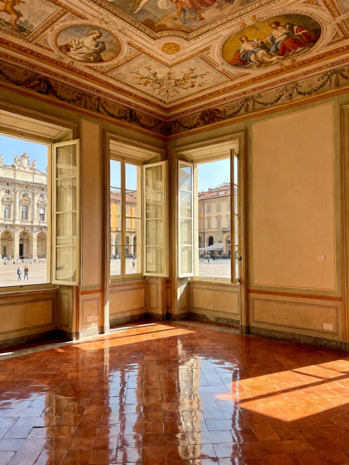 Elegant apartment in central Turin featuring large windows overlooking a historic square with baroque architecture and stone details.