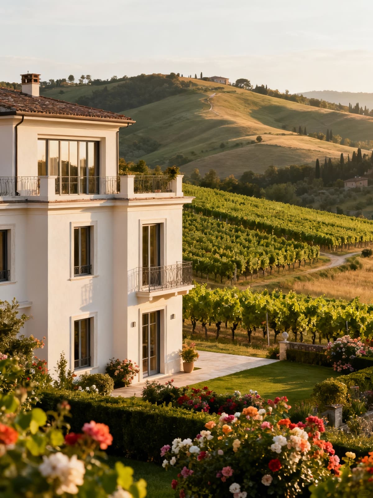 Prestigious apartments in the Versilia countryside, showcasing light plaster walls and large windows amid lush greenery and vineyards.