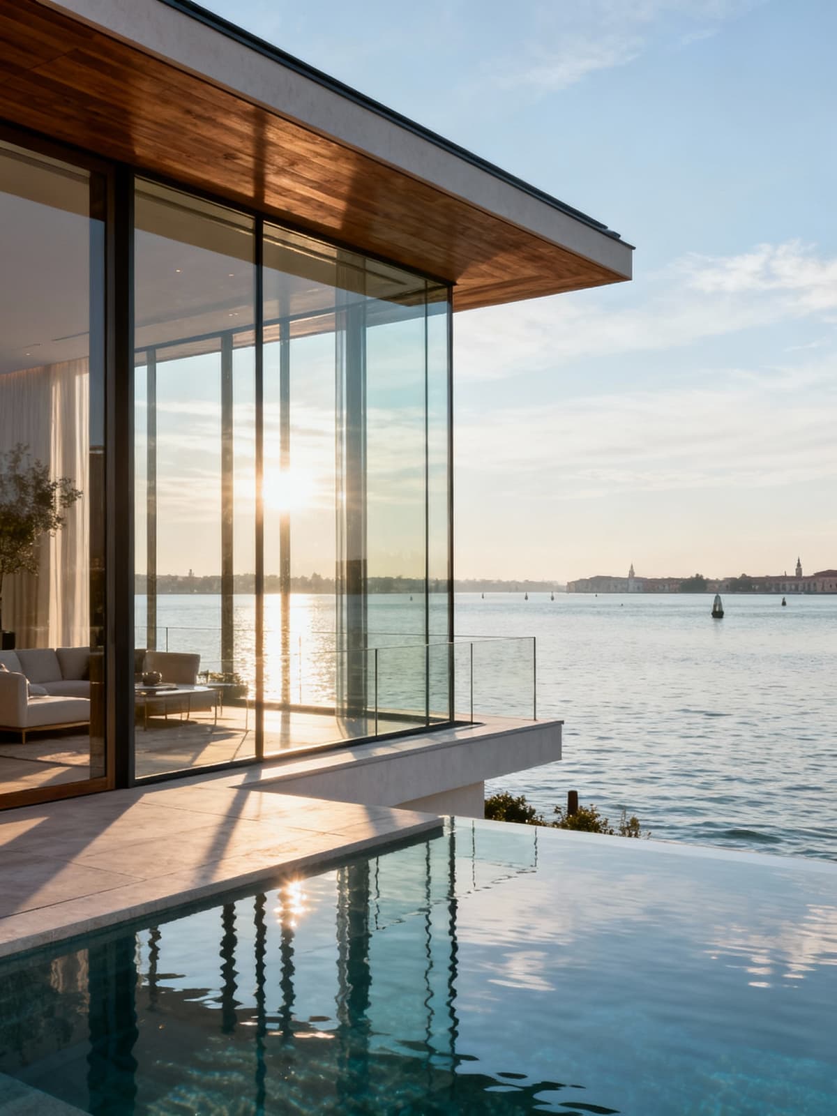 Luxurious penthouse overlooking the Venetian lagoon, featuring elegant architecture with glass and natural wood details, bathed in morning sunlight.