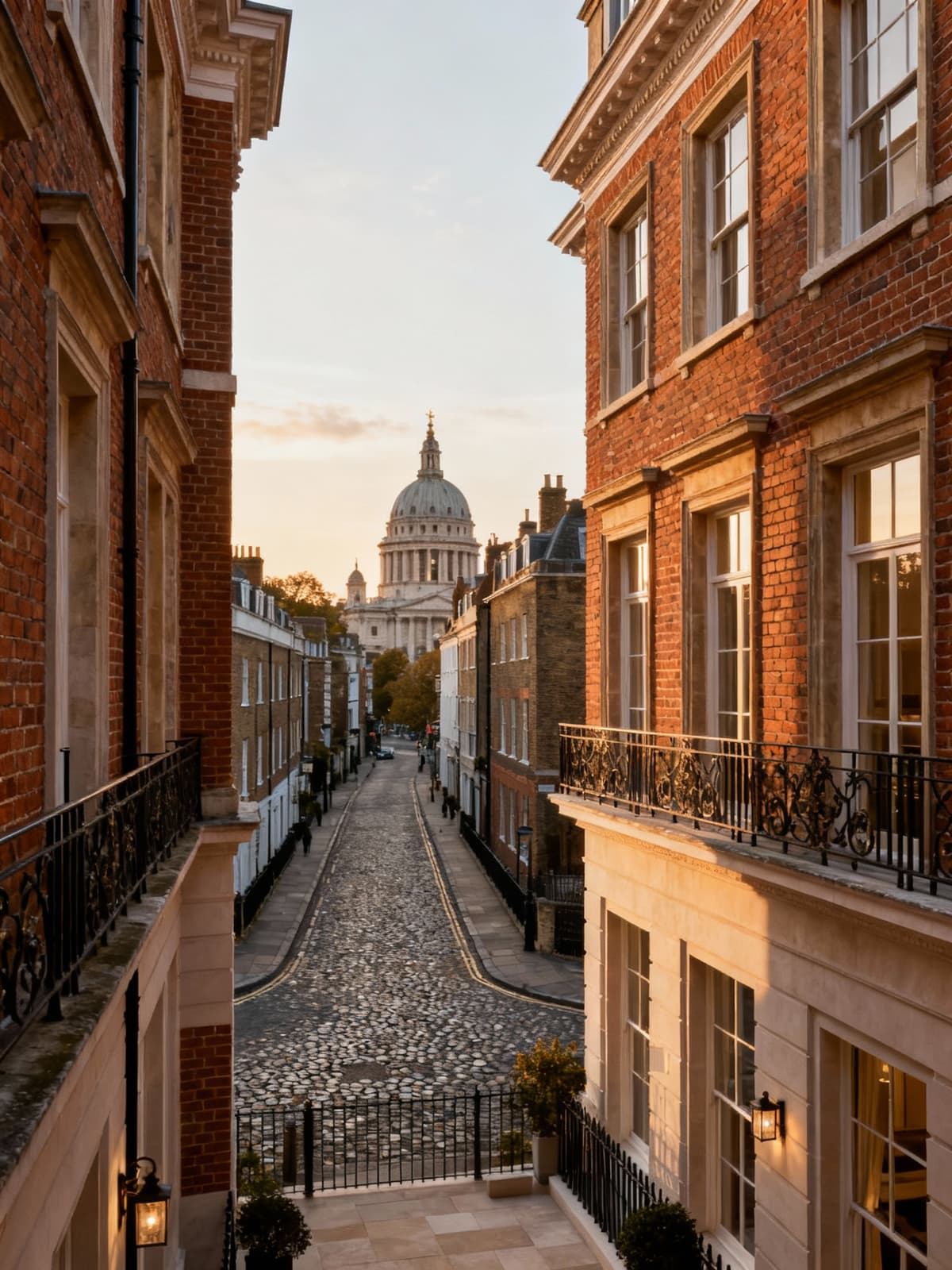 Exclusive apartment in a historic UK city, featuring elegant interiors, brick facade, and views of cobblestone streets and landmarks.