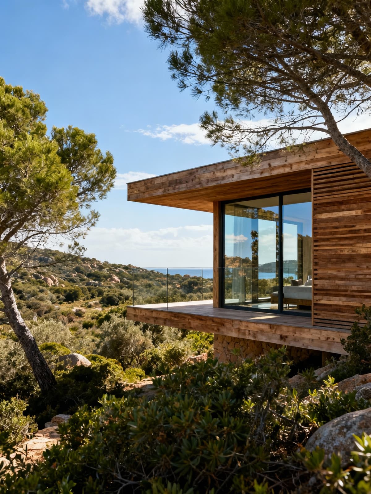 Tenuta esclusiva in Sardegna circondata da natura selvaggia, con architettura in legno e vetro sotto un cielo sereno.