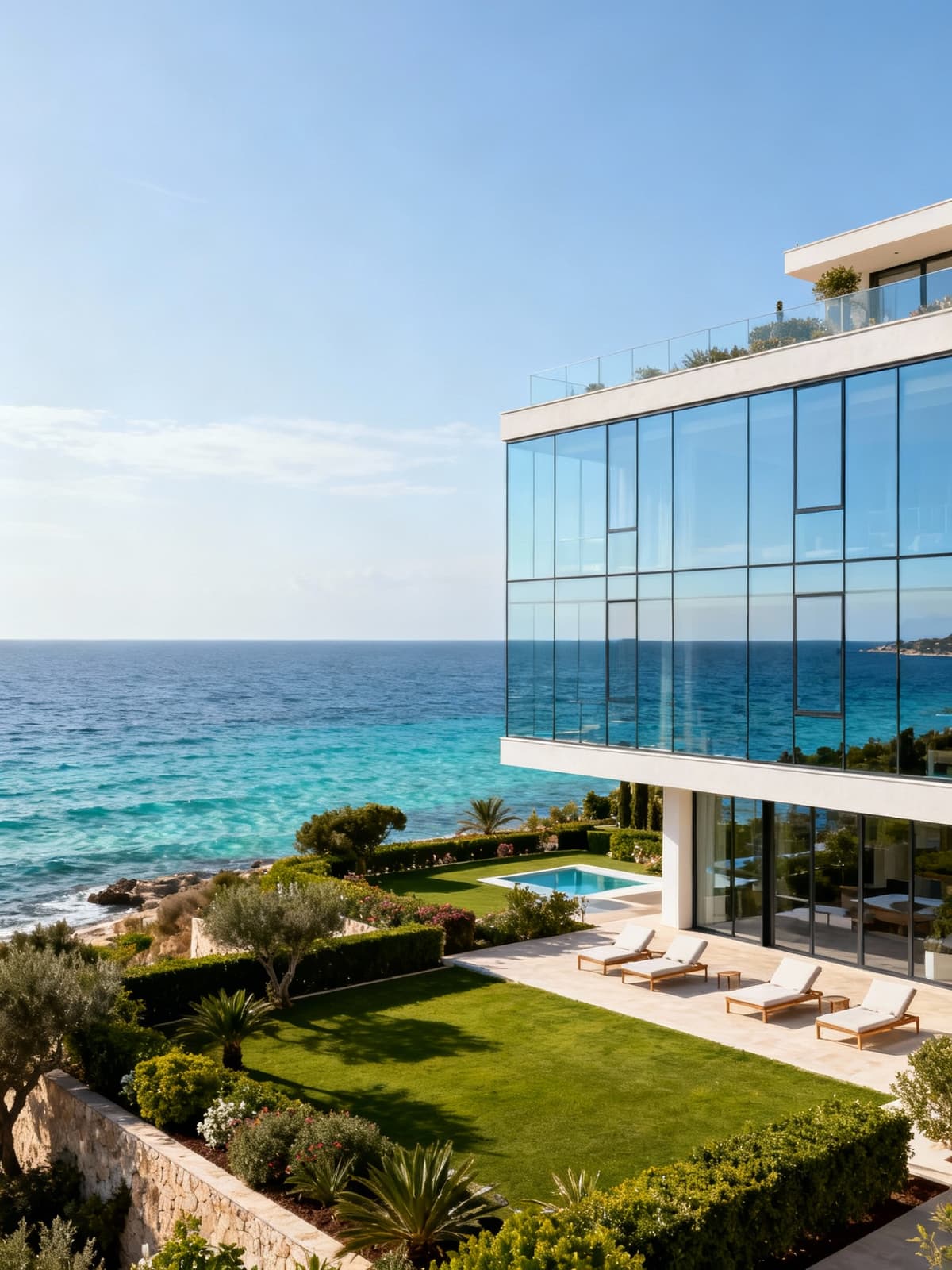Alberghi di lusso con vista mare cristallino in Sicilia, giardini ben curati e cielo sereno di metà mattina.