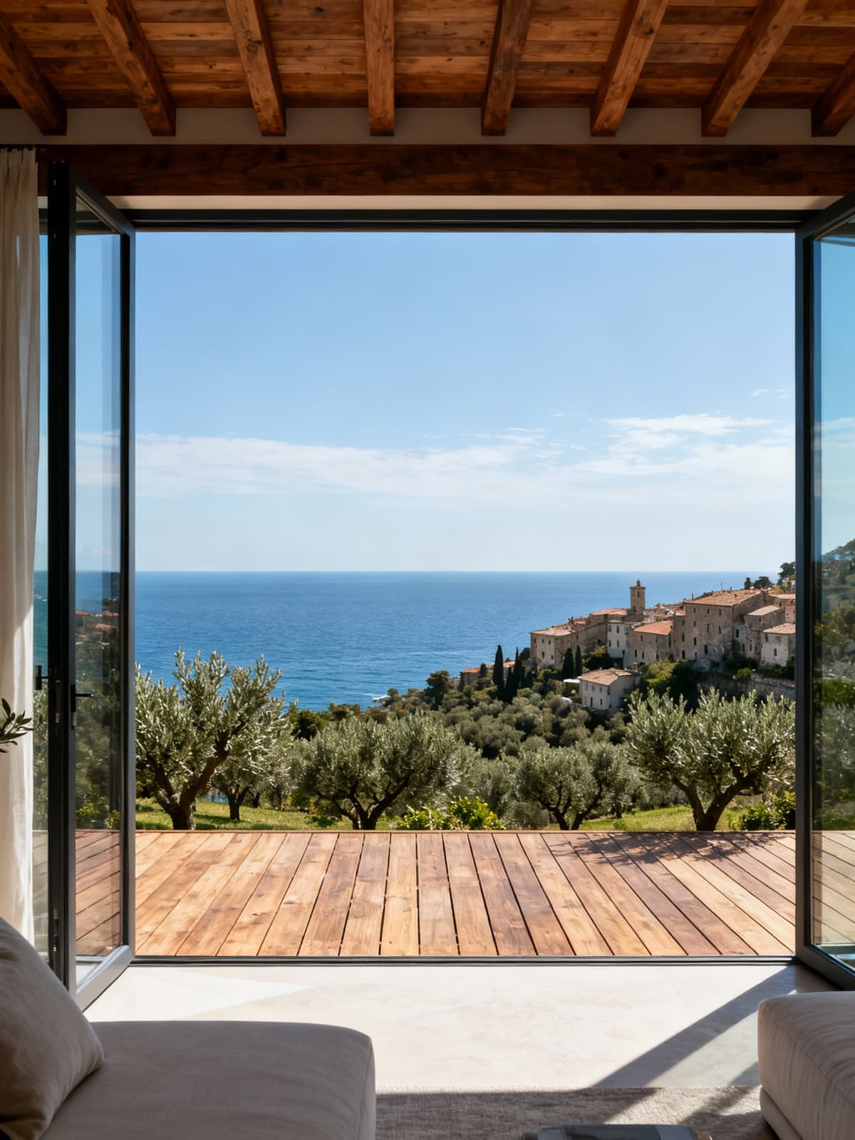 Exclusive seaside penthouses in Liguria, surrounded by olive groves and historic villages, featuring stunning wooden terraces.