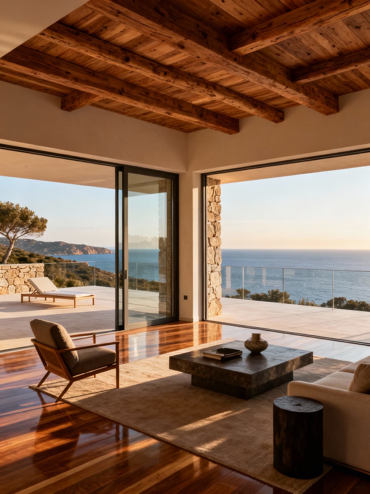 Appartamenti di lusso in villa con vista spettacolare sulle coste sarde, interni eleganti e terrazze panoramiche illuminate dalla luce pomeridiana.