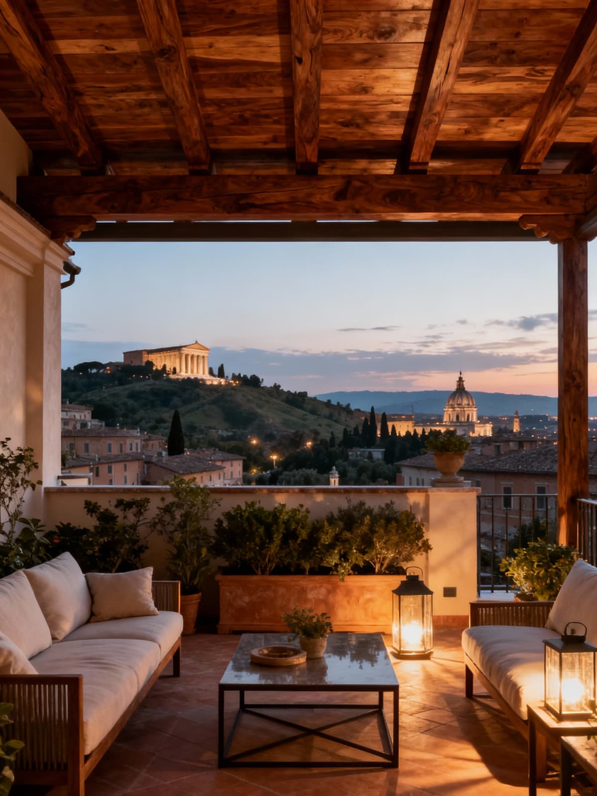 Luxurious penthouse in historic Lazio, featuring exquisite wood details, evening light, and stunning views of hills and monuments.