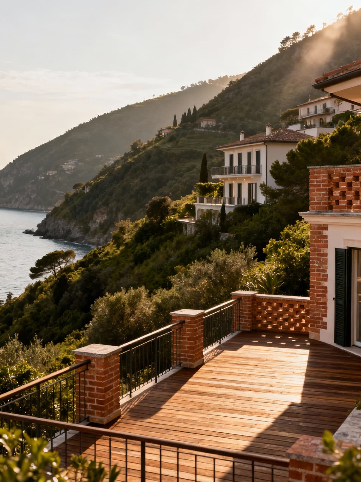 Appartamenti di lusso in villa sulla costa ligure, circondati da colline verdi e terrazze in legno, atmosfera serena.