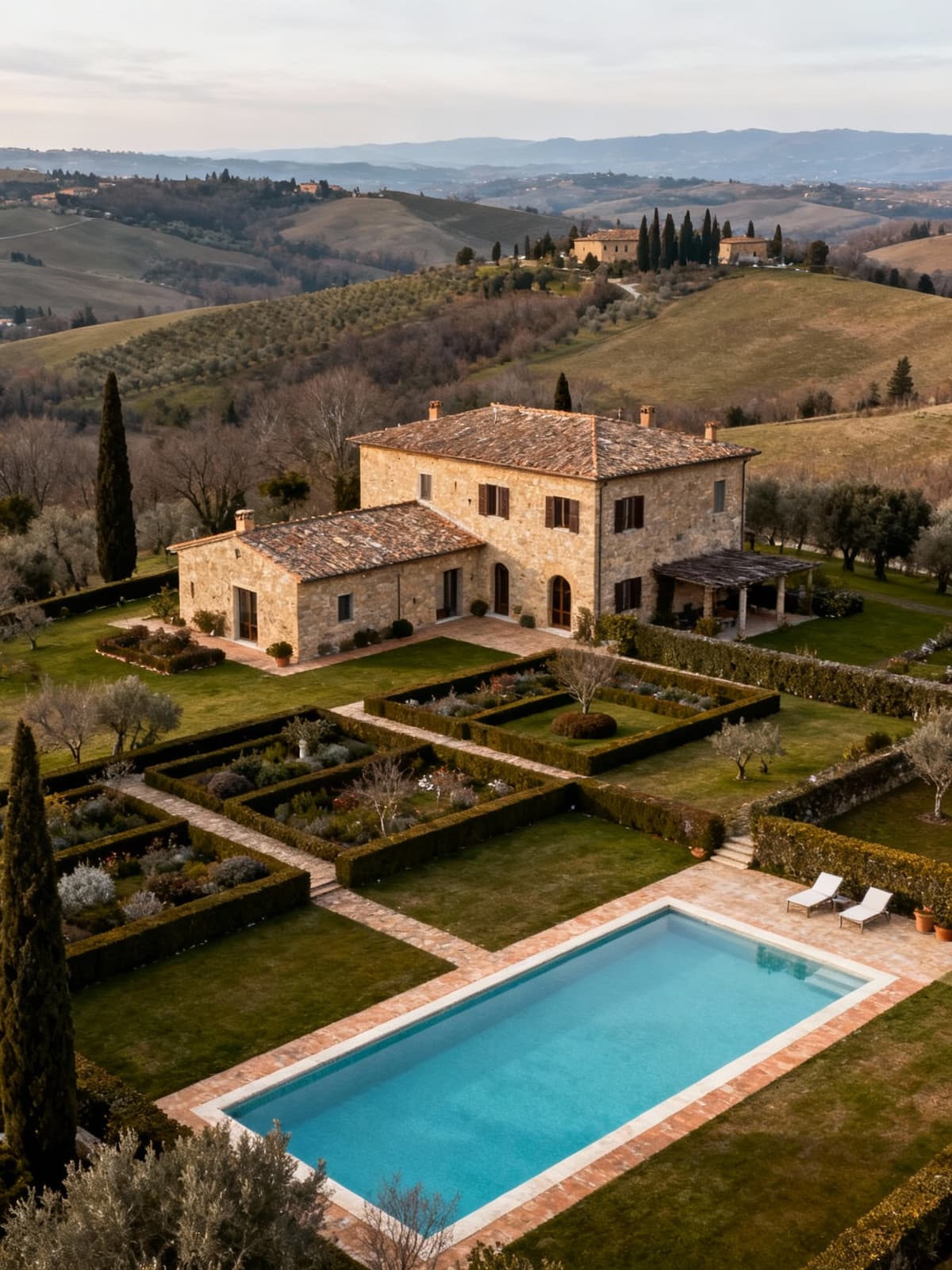 Tenuta esclusiva in Toscana con giardini curati e piscina panoramica, investita da una luce invernale morbida.