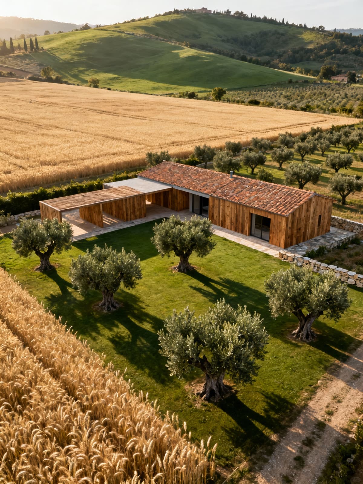 Vista aerea di un'azienda agricola umbra immersa nel verde, con campi di grano e uliveti, illuminata dalla luce del mattino.