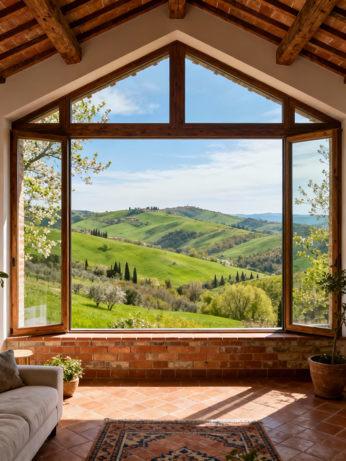 Exclusive Tuscan penthouse showcasing breathtaking views of lush hills and natural interiors with local materials.