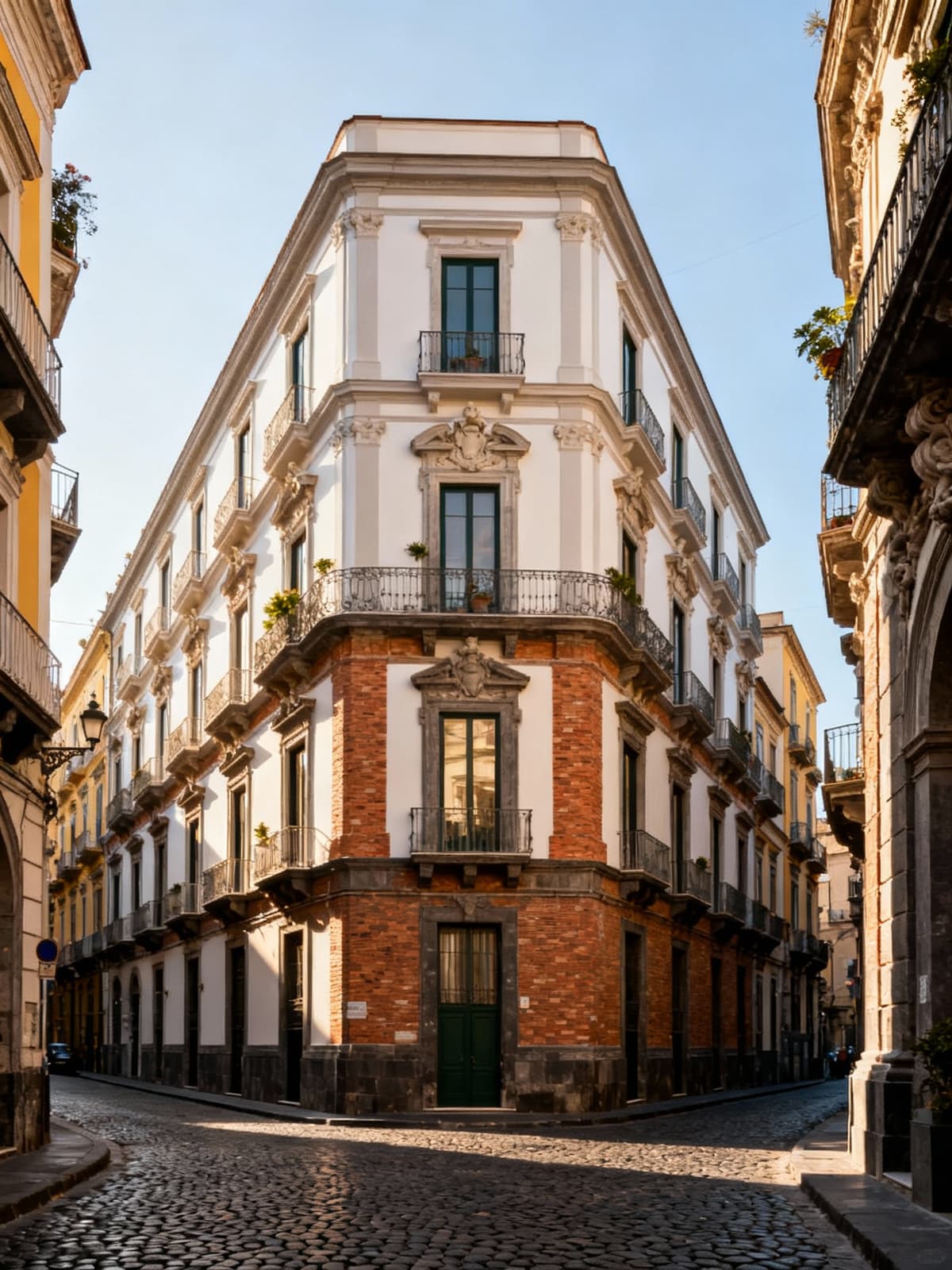 Residenze lussuose e storici palazzi nel centro di Napoli, con facciate colorate e architettura barocca illuminate dolcemente.