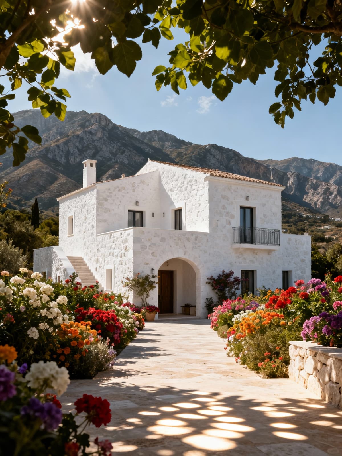 Exclusive Sicilian villa in white stone, surrounded by vibrant flowers and lush greenery, with traditional architecture blending into nature.