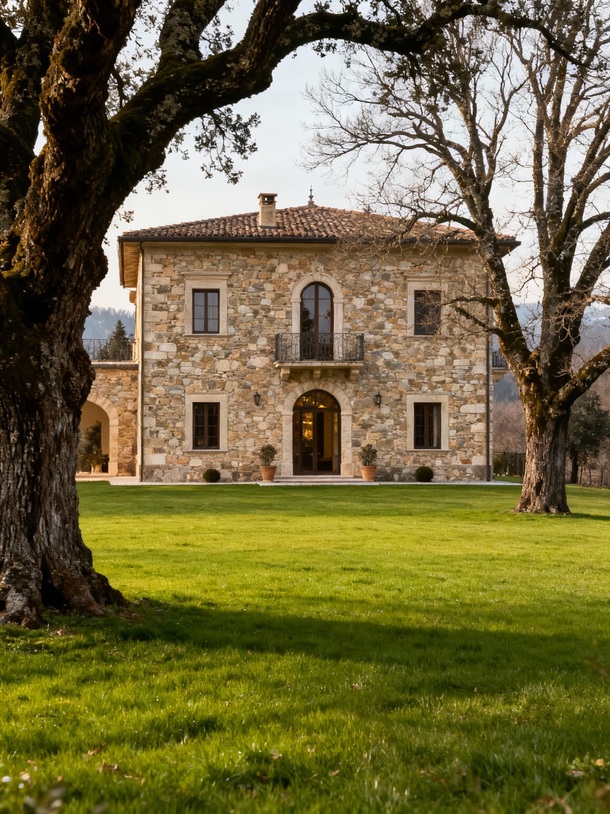 Luxurious villa amidst lush Spezzina countryside, featuring natural stone facades and traditional architectural details in soft winter light.