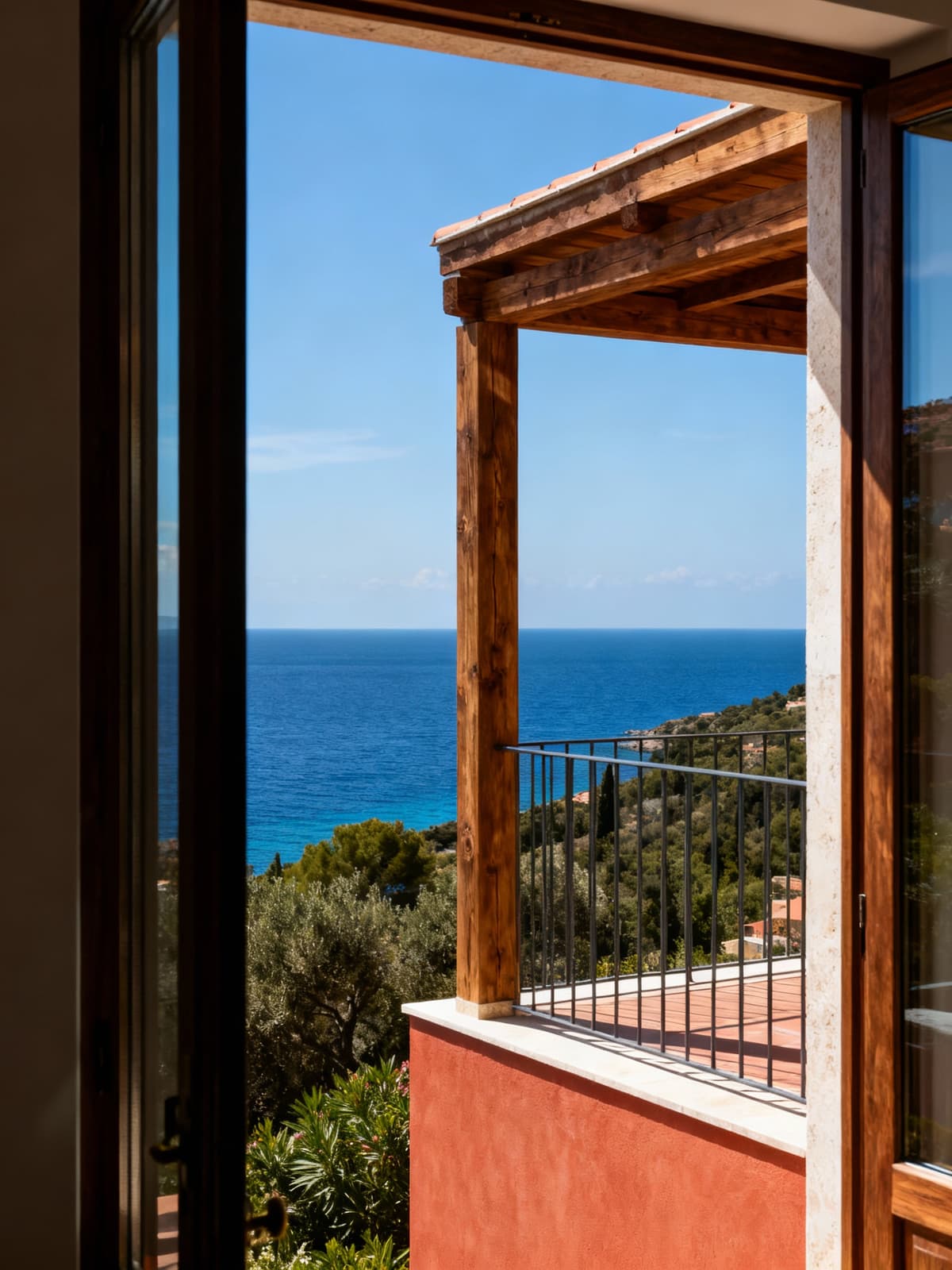 Eleganti residenze storiche all'Isola d'Elba, dettagli in legno e vetro che riflettono il blu del mare e un cielo sereno.