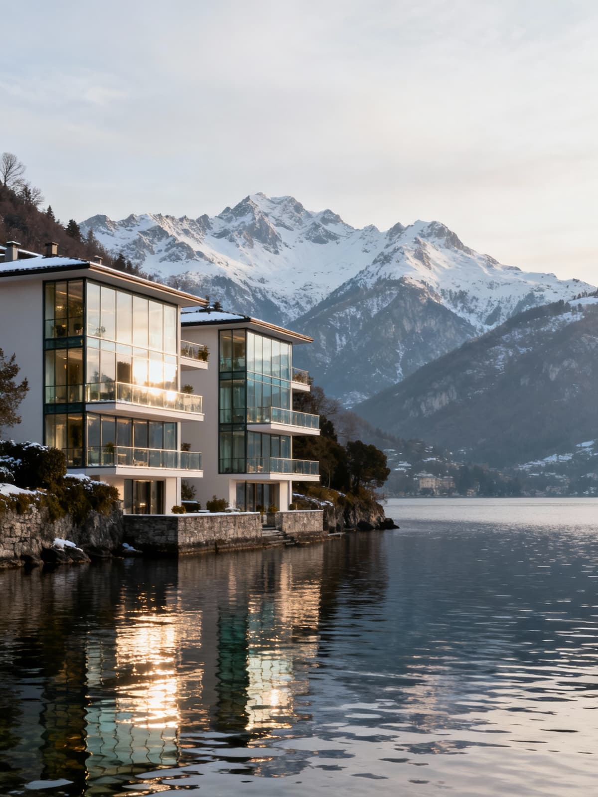 Residenze di lusso sul Lago Maggiore, con facciate in vetro e balconi, immerse in un paesaggio montano sereno.