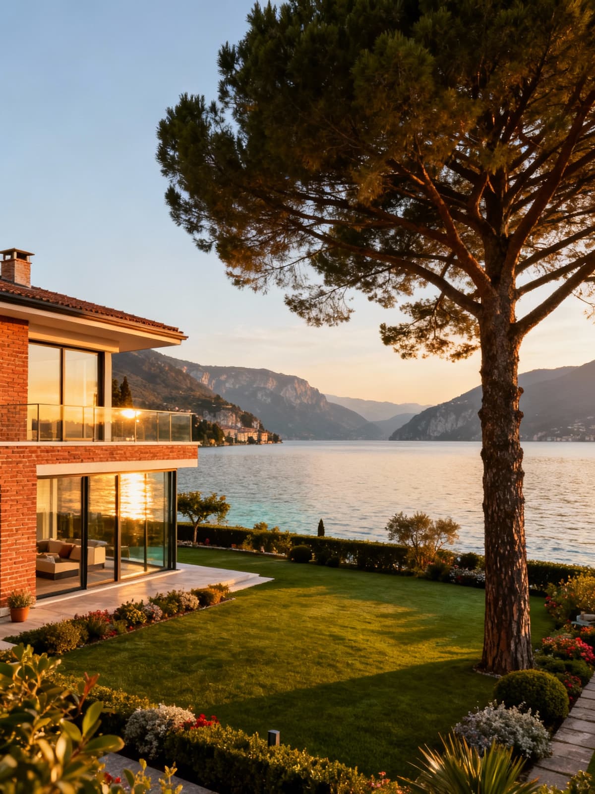 Residenze di lusso sul Lago di Garda, mix di modernità e storia, giardini curati e acque cristalline in un pomeriggio luminoso.