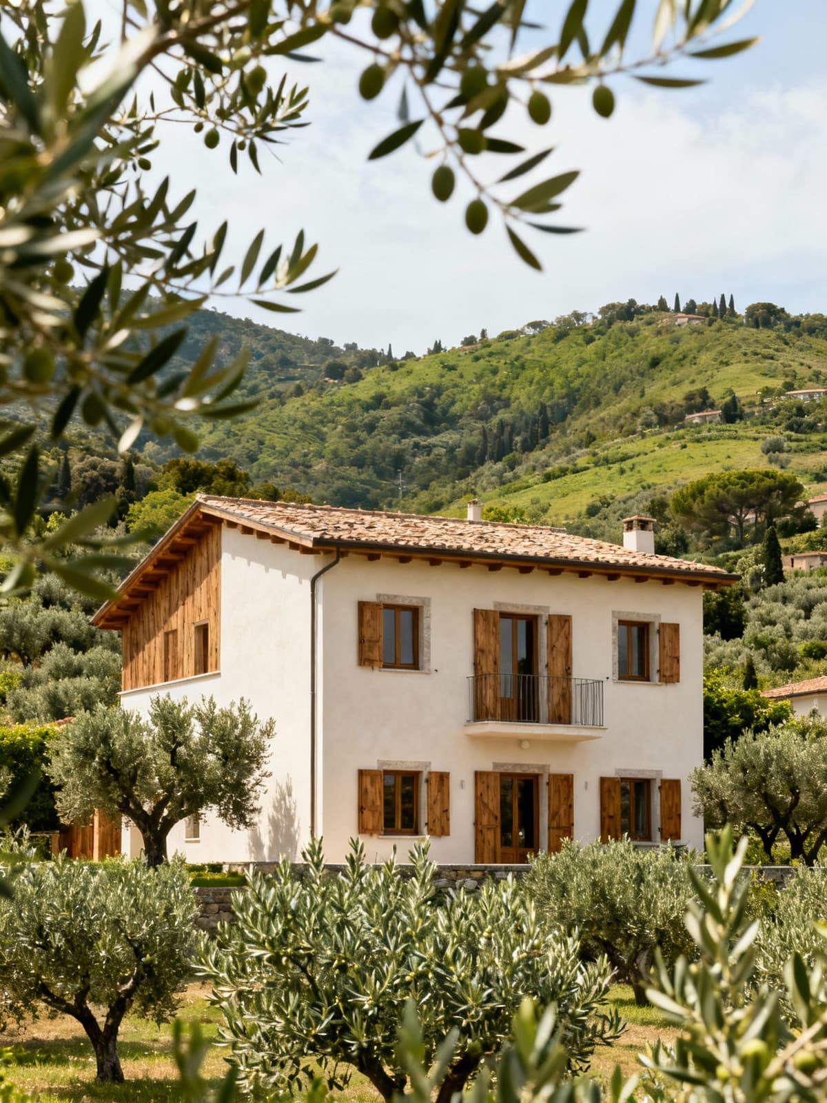 Ville eleganti nella campagna di Santa Margherita Ligure circondate da uliveti e colline verdeggianti in una giornata serena.