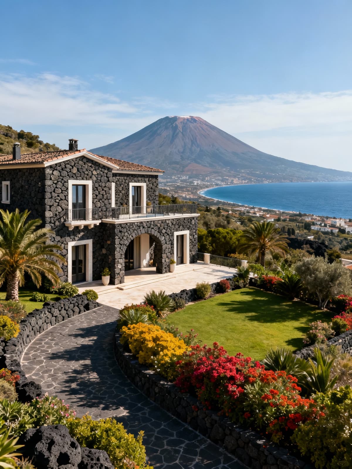 Villa esclusiva tra l'Etna e il mare di Catania, con dettagli in pietra lavica e vegetazione viva in un panorama sereno.