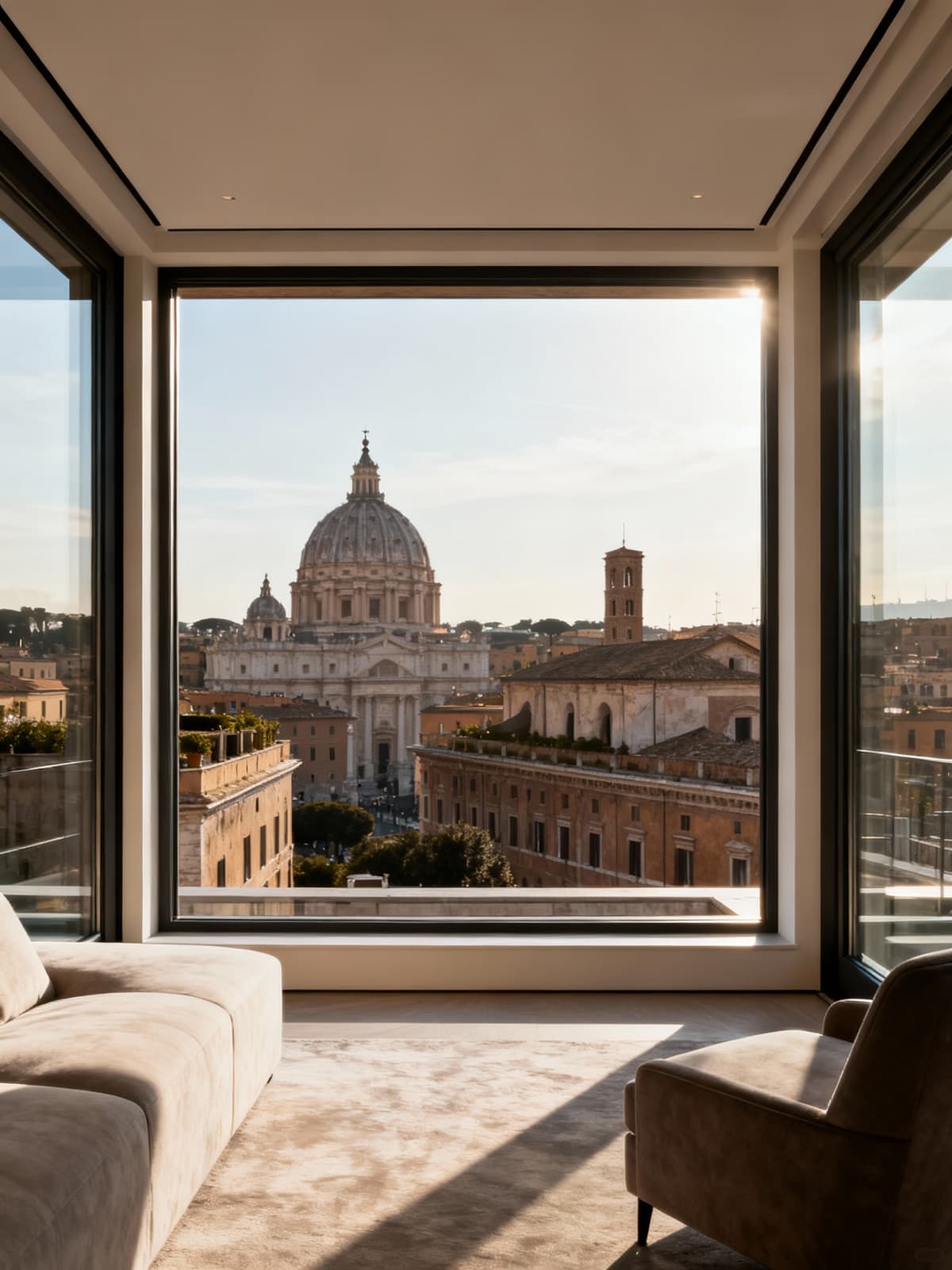 Exclusive penthouse in Rome with modern design and stunning views of historic monuments, bathed in bright morning light.