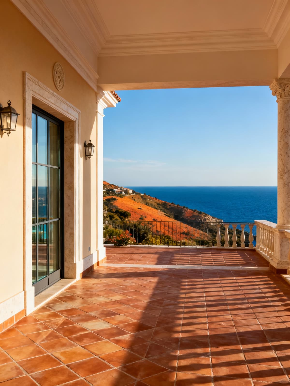 Ville raffinate con vista sullo Stretto di Reggio Calabria, circondate da colline e un mare blu, ampie terrazze in cotto.