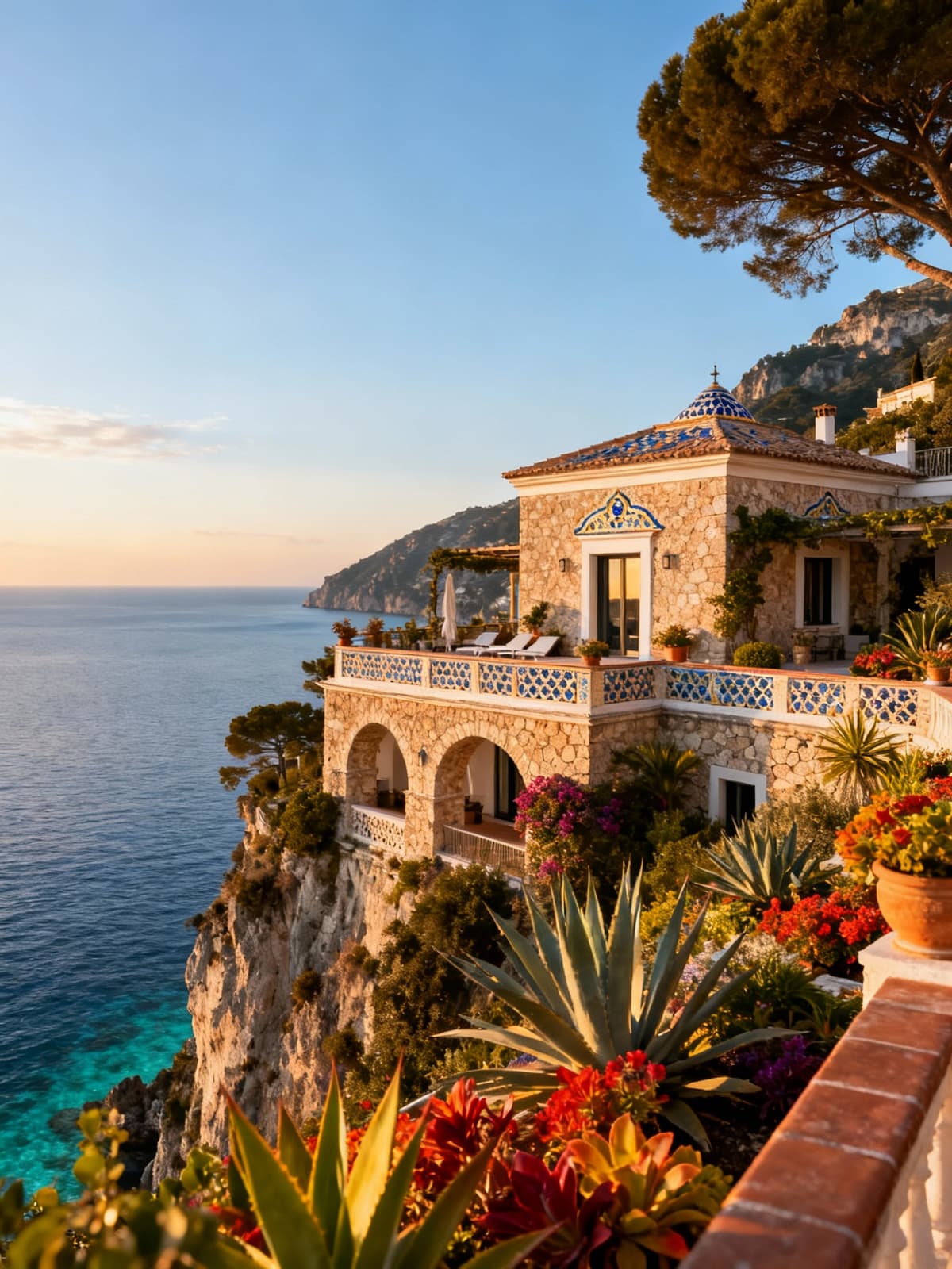 Luxury villa on the Amalfi Coast with stunning sea views, featuring natural stone and ceramic details amidst vibrant greenery.