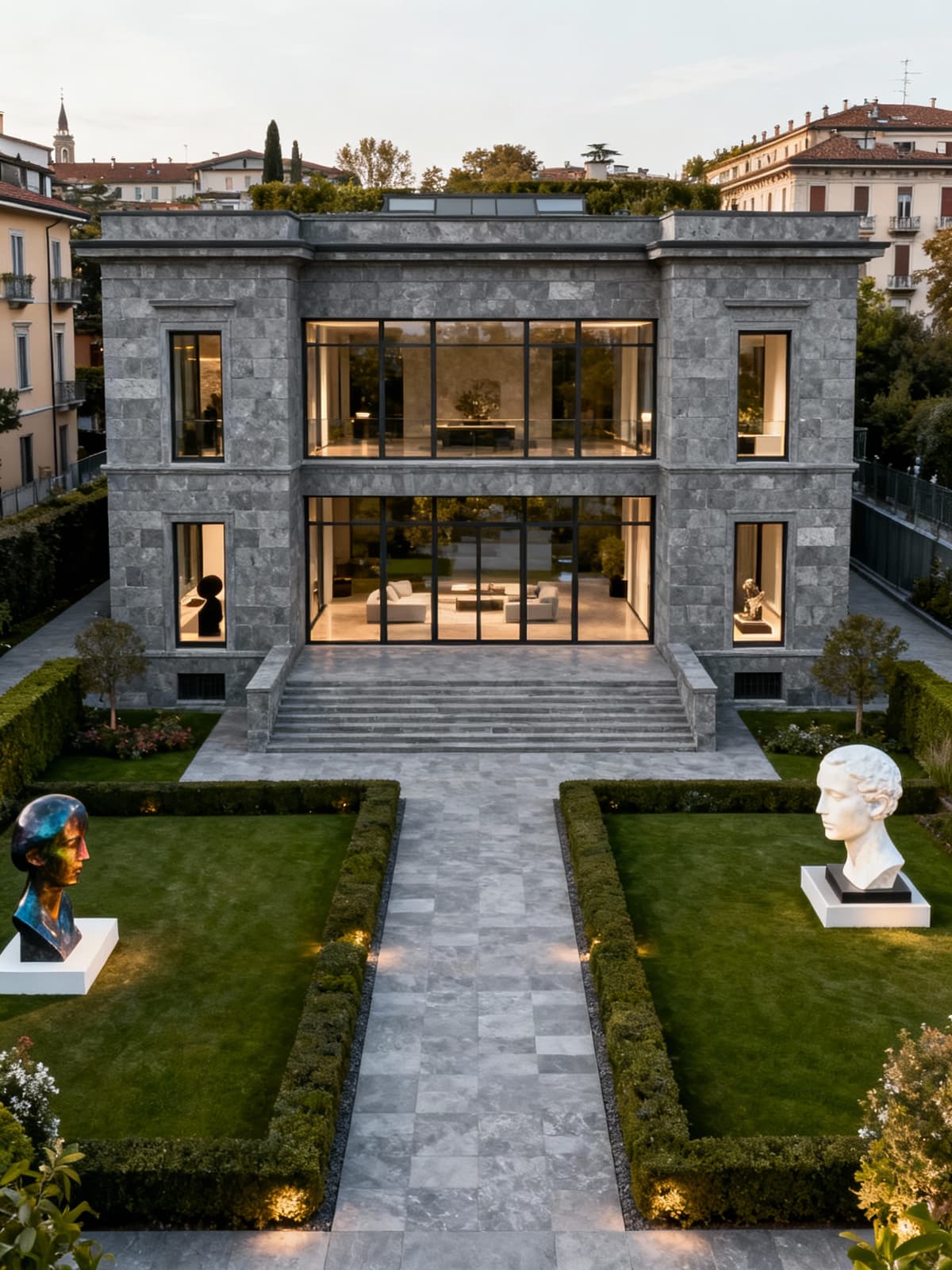 Exclusive villas in Milan showcase elegant gray stone facades and large glass windows, surrounded by well-kept gardens and contemporary art.