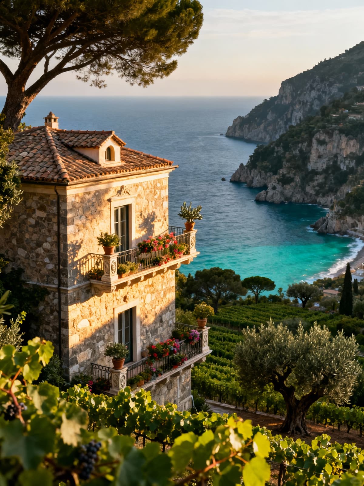 Independent house nestled in the lush Amalfi Coast, showcasing local stone facade and blooming balconies against a stunning seaside view.