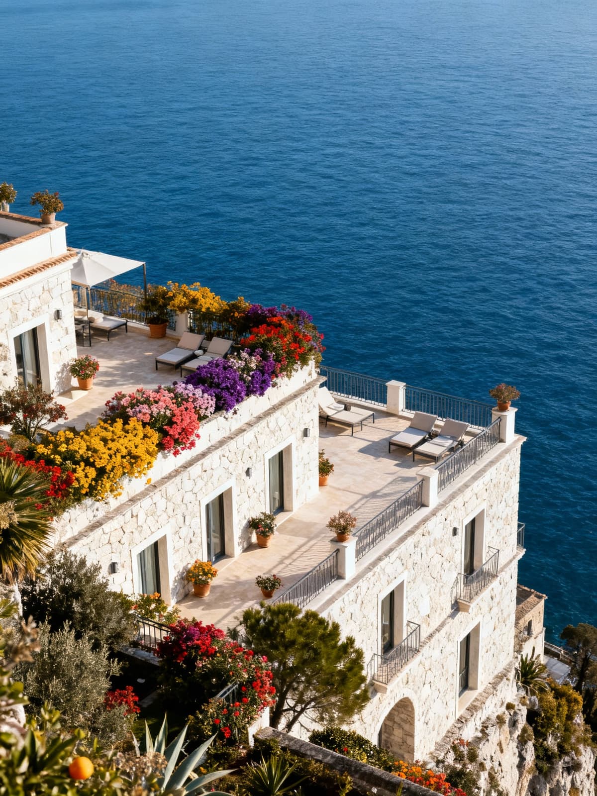 Luxury hotels perched between sky and sea on the stunning Amalfi Coast, showcasing bright flowers and panoramic terraces.