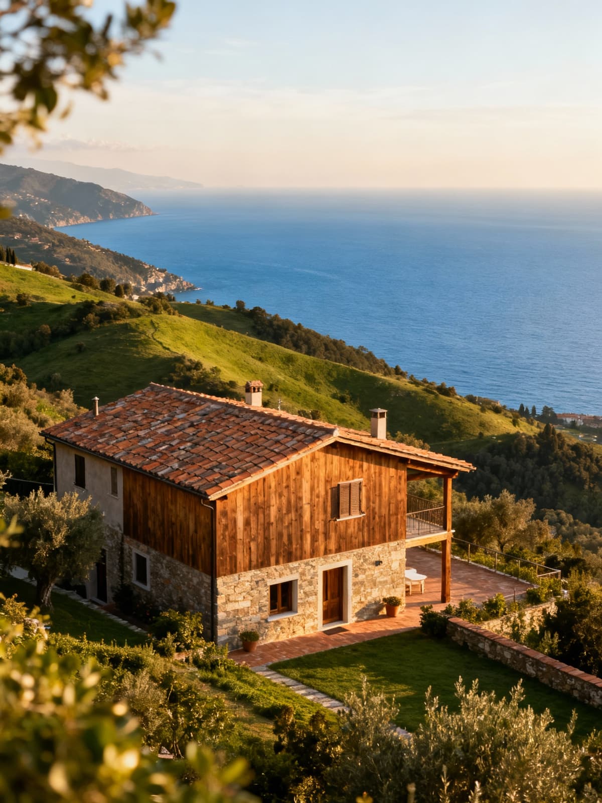 Rustici e casali panoramici a La Spezia, immersi nelle colline verdi e nel mare blu, illuminati dalla luce mattutina.