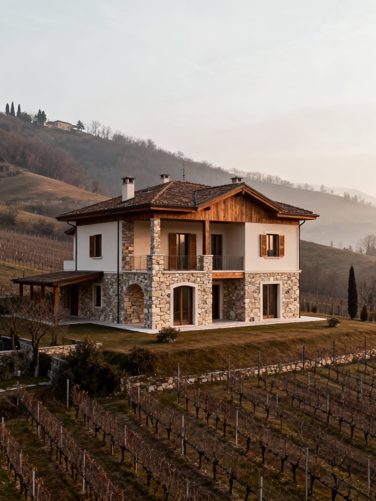 Villa elegante circondata da colline e vigneti a Gorizia, con facciata in pietra e legno, immersa in luce invernale calda.