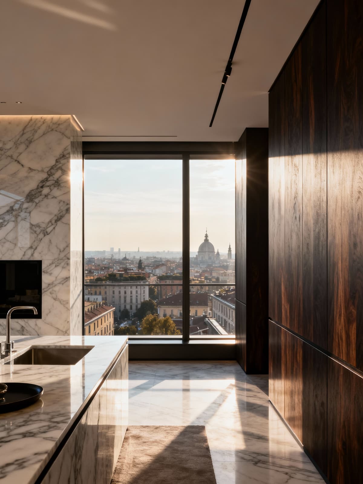 Exclusive and stylish penthouse in central Milan featuring marble and dark wood finishes, with stunning city views and bright morning light.