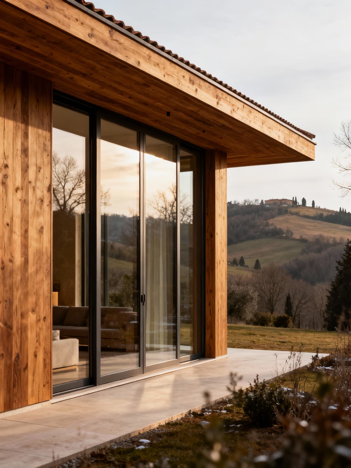 Prestigious villa nestled in the Forlì-Cesena hills, featuring natural wood finishes and expansive windows, bathed in soft winter light.