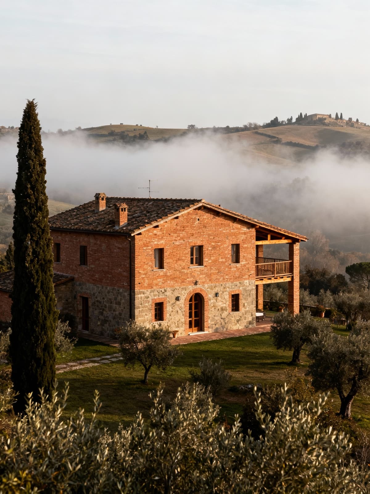 Charming agriturismos nestled in Viterbo's Etruscan hills, featuring rustic brick and wood amidst a morning mist.
