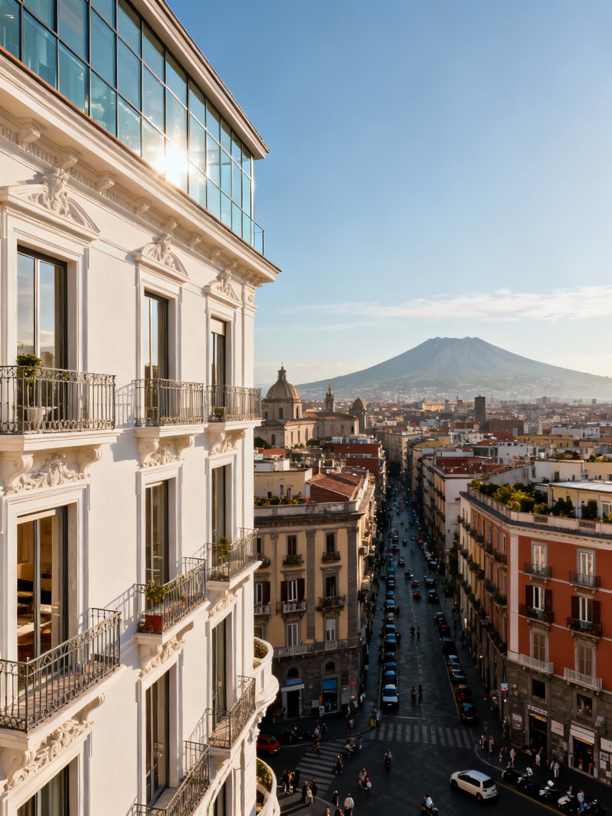 Luxury apartments in vibrant Naples showcase elegant interiors, glass and plaster facades reflecting morning light.